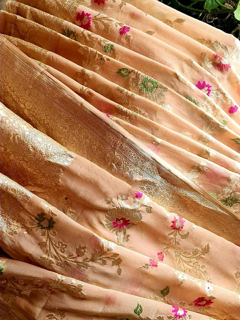 Zynah Pure Khaddi Georgette Banarasi Saree with Golden Zari and Meenakari Weaved Motifs; Custom Stitched/Ready-made Blouse, Fall, Petticoat; Shipping available USA, Worldwide