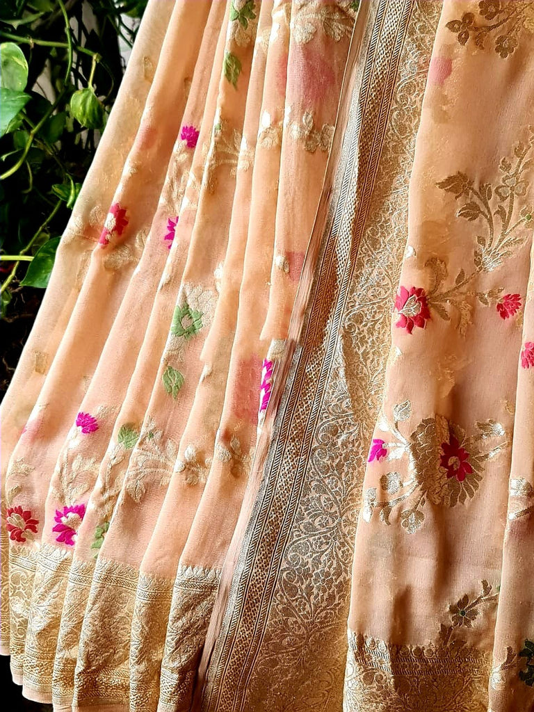 Zynah Pure Khaddi Georgette Banarasi Saree with Golden Zari and Meenakari Weaved Motifs; Custom Stitched/Ready-made Blouse, Fall, Petticoat; Shipping available USA, Worldwide