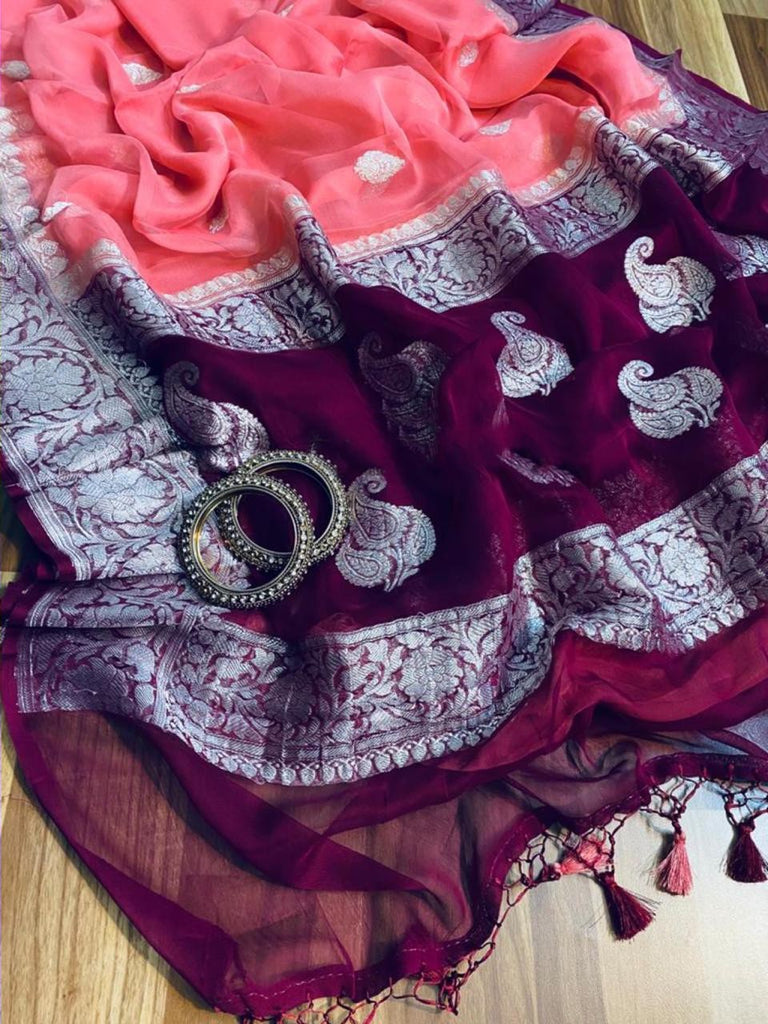 Zynah Pure Banarasi Handloom Khaddi Georgette Saree with Zari Border & Butis; Custom Stitched/Ready-made Blouse, Fall, Petticoat; Shipping available USA, Worldwide