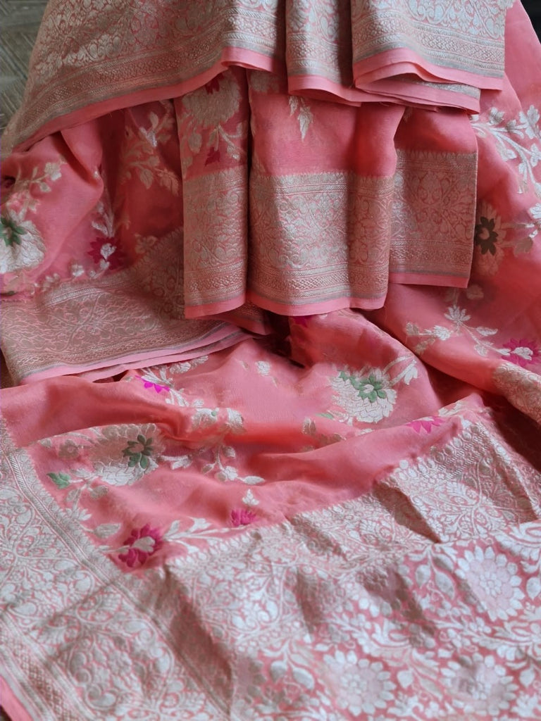 Zynah Pure Khaddi Georgette Banarasi Saree with Golden Zari & Meenakari Weaved Motifs; Custom Stitched/Ready-made Blouse, Fall, Petticoat; Shipping available USA, Worldwide