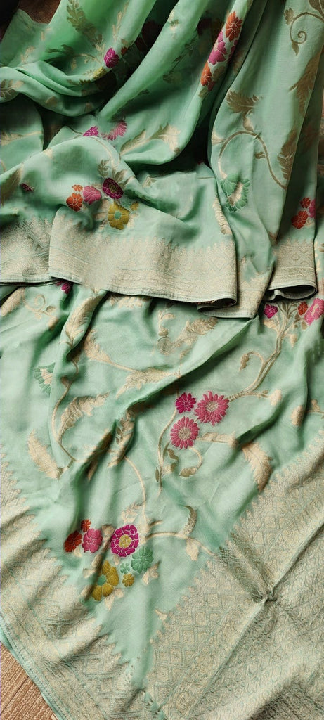 Zynah Pure Khaddi Georgette Saree with Golden Zari & Meenakari Weave; Custom Stitched/Ready-made Blouse, Fall, Petticoat; Shipping available USA, Worldwide