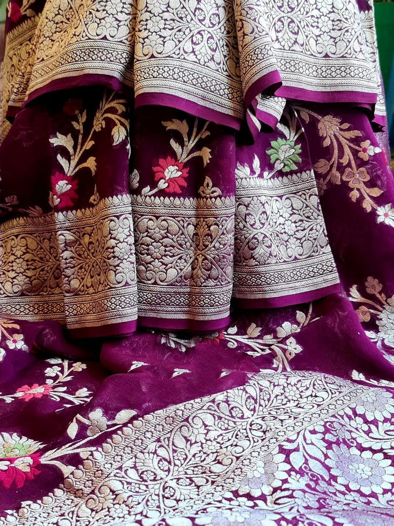 Zynah Pure Khaddi Georgette Banarasi Saree with Golden Zari & Meenakari Weaved Motifs; Custom Stitched/Ready-made Blouse, Fall, Petticoat; Shipping available USA, Worldwide