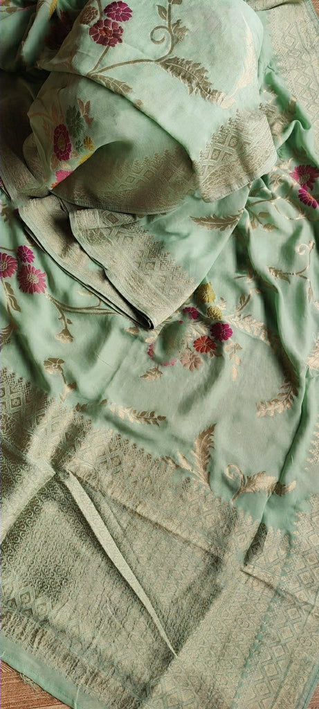 Zynah Pure Khaddi Georgette Saree with Golden Zari & Meenakari Weave; Custom Stitched/Ready-made Blouse, Fall, Petticoat; Shipping available USA, Worldwide