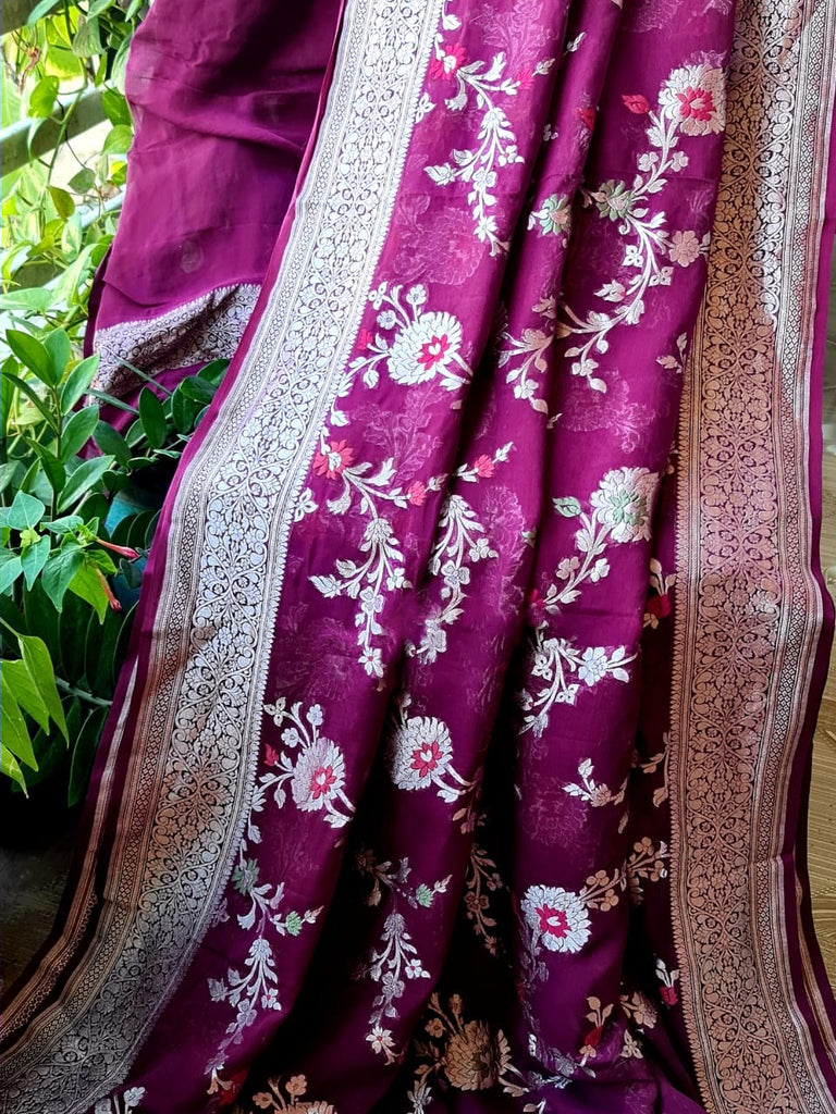 Zynah Pure Khaddi Georgette Banarasi Saree with Golden Zari & Meenakari Weaved Motifs; Custom Stitched/Ready-made Blouse, Fall, Petticoat; Shipping available USA, Worldwide