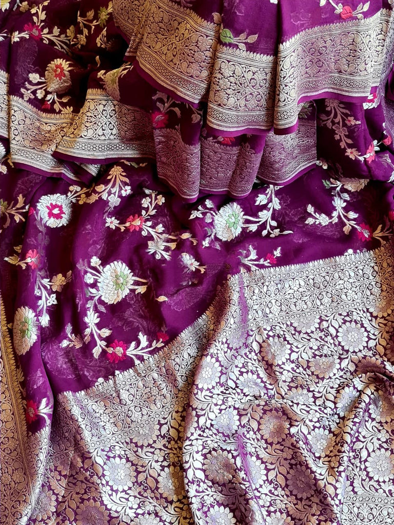 Zynah Pure Khaddi Georgette Banarasi Saree with Golden Zari & Meenakari Weaved Motifs; Custom Stitched/Ready-made Blouse, Fall, Petticoat; Shipping available USA, Worldwide