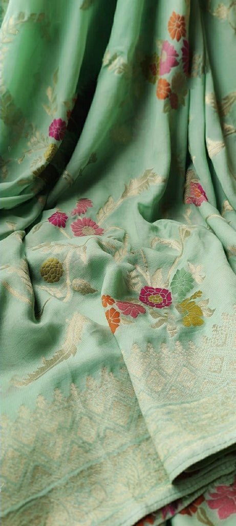 Zynah Pure Khaddi Georgette Saree with Golden Zari & Meenakari Weave; Custom Stitched/Ready-made Blouse, Fall, Petticoat; Shipping available USA, Worldwide