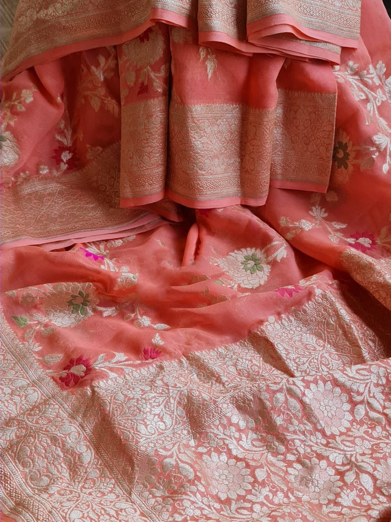 Zynah Pure Khaddi Georgette Banarasi Saree with Golden Zari & Meenakari Weaved Motifs; Custom Stitched/Ready-made Blouse, Fall, Petticoat; Shipping available USA, Worldwide