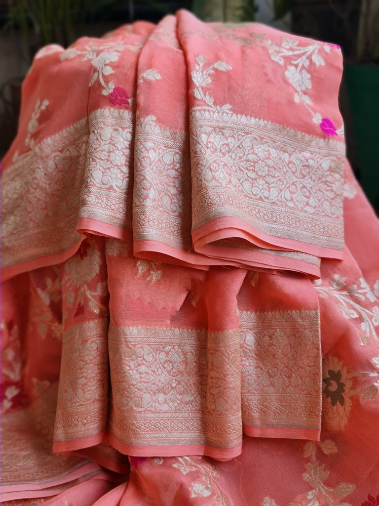 Zynah Pure Khaddi Georgette Banarasi Saree with Golden Zari & Meenakari Weaved Motifs; Custom Stitched/Ready-made Blouse, Fall, Petticoat; Shipping available USA, Worldwide