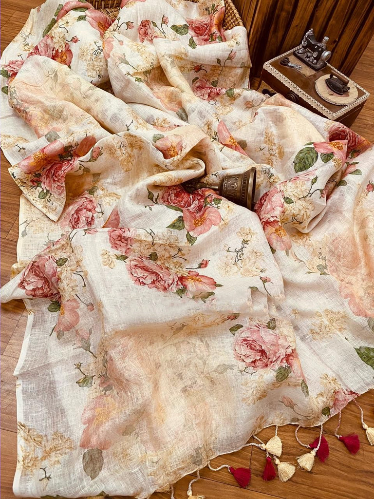 Zynah Pure Linen Saree; Custom Stitched/Ready-made Blouse, Fall, Petticoat; Shipping available USA, Worldwide