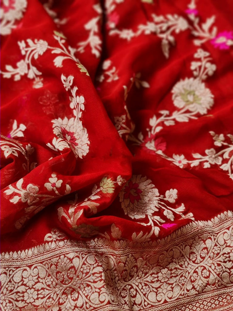 Zynah Pure Khaddi Georgette Banarasi Saree with Golden Zari & Meenakari Weave Motifs; Custom Stitched/Ready-made Blouse, Fall, Petticoat; Shipping available USA, Worldwide