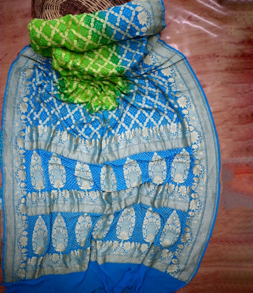 Zynah Khaddi Georgette Saree with Bandhani Prints, Antique Zari Weave; Custom Stitched/Ready-made Blouse, Fall, Petticoat; Shipping available USA, Worldwide