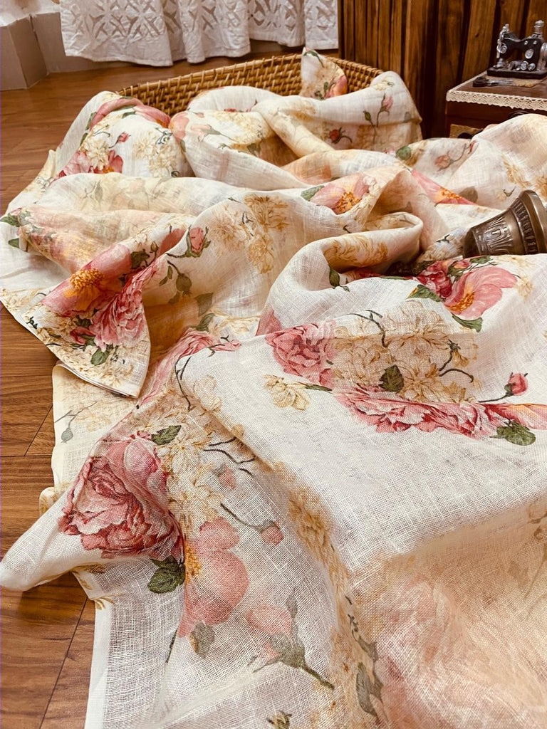 Zynah Pure Linen Saree; Custom Stitched/Ready-made Blouse, Fall, Petticoat; Shipping available USA, Worldwide