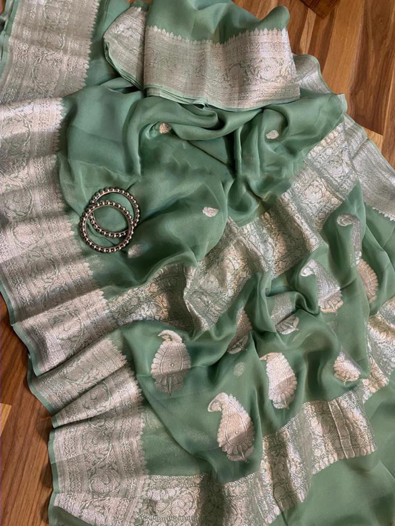 Zynah Pure Banarasi Handloom Khaddi Georgette Saree with Zari Border & Butis; Custom Stitched/Ready-made Blouse, Fall, Petticoat; Shipping available USA, Worldwide