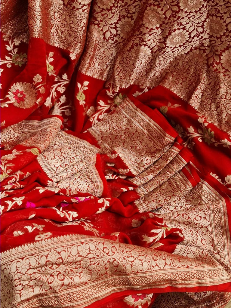 Zynah Pure Khaddi Georgette Banarasi Saree with Golden Zari & Meenakari Weave Motifs; Custom Stitched/Ready-made Blouse, Fall, Petticoat; Shipping available USA, Worldwide