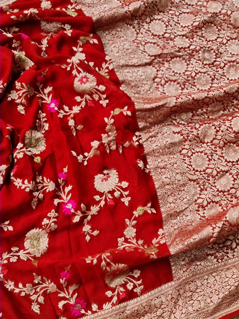 Zynah Pure Khaddi Georgette Banarasi Saree with Golden Zari & Meenakari Weave Motifs; Custom Stitched/Ready-made Blouse, Fall, Petticoat; Shipping available USA, Worldwide