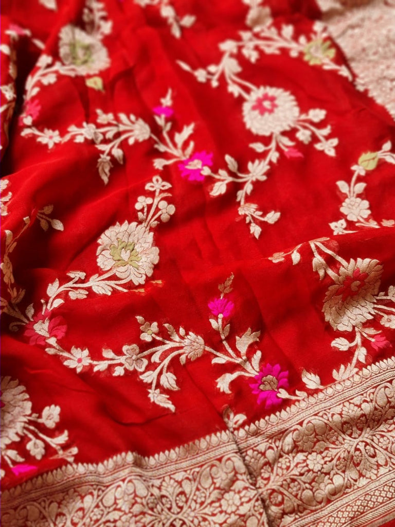 Zynah Pure Khaddi Georgette Banarasi Saree with Golden Zari & Meenakari Weave Motifs; Custom Stitched/Ready-made Blouse, Fall, Petticoat; Shipping available USA, Worldwide