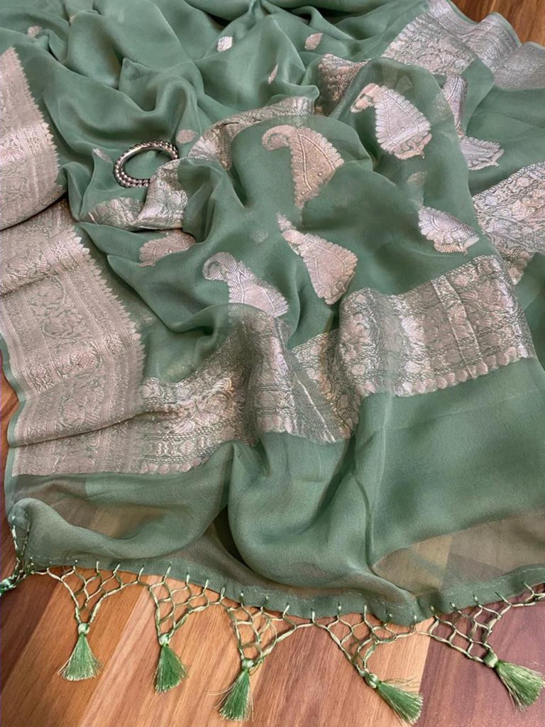 Zynah Pure Banarasi Handloom Khaddi Georgette Saree with Zari Border & Butis; Custom Stitched/Ready-made Blouse, Fall, Petticoat; Shipping available USA, Worldwide