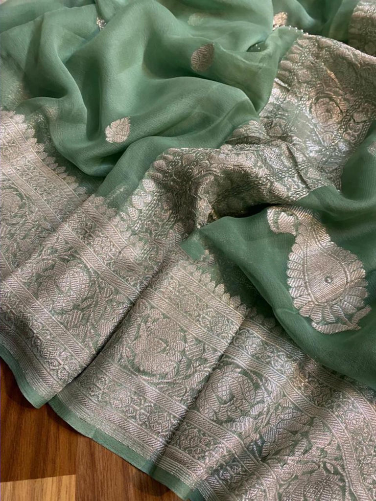 Zynah Pure Banarasi Handloom Khaddi Georgette Saree with Zari Border & Butis; Custom Stitched/Ready-made Blouse, Fall, Petticoat; Shipping available USA, Worldwide