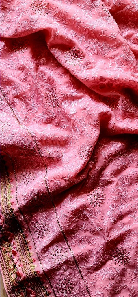 Zynah Soft Georgette Saree with Resham Embroidery & Swarovski Work; Custom Stitched/Ready-made Blouse, Fall, Petticoat; Shipping available USA, Worldwide