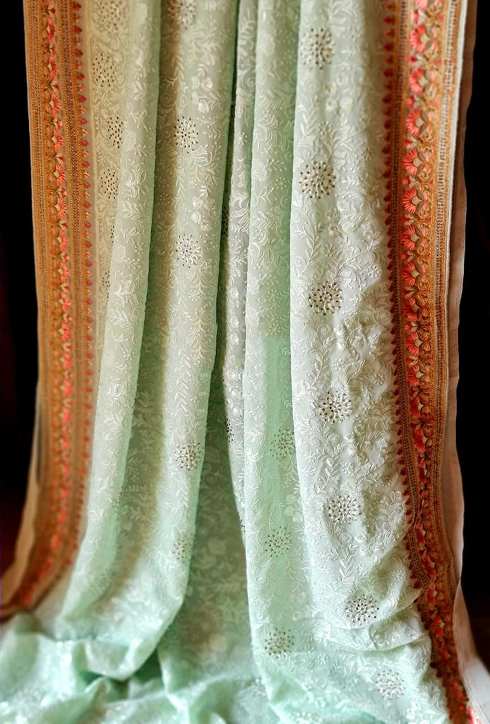 Zynah Soft Georgette Saree with Resham Embroidery & Sarowski Work; Custom Stitched/Ready-made Blouse, Fall, Petticoat; Shipping available USA, Worldwide