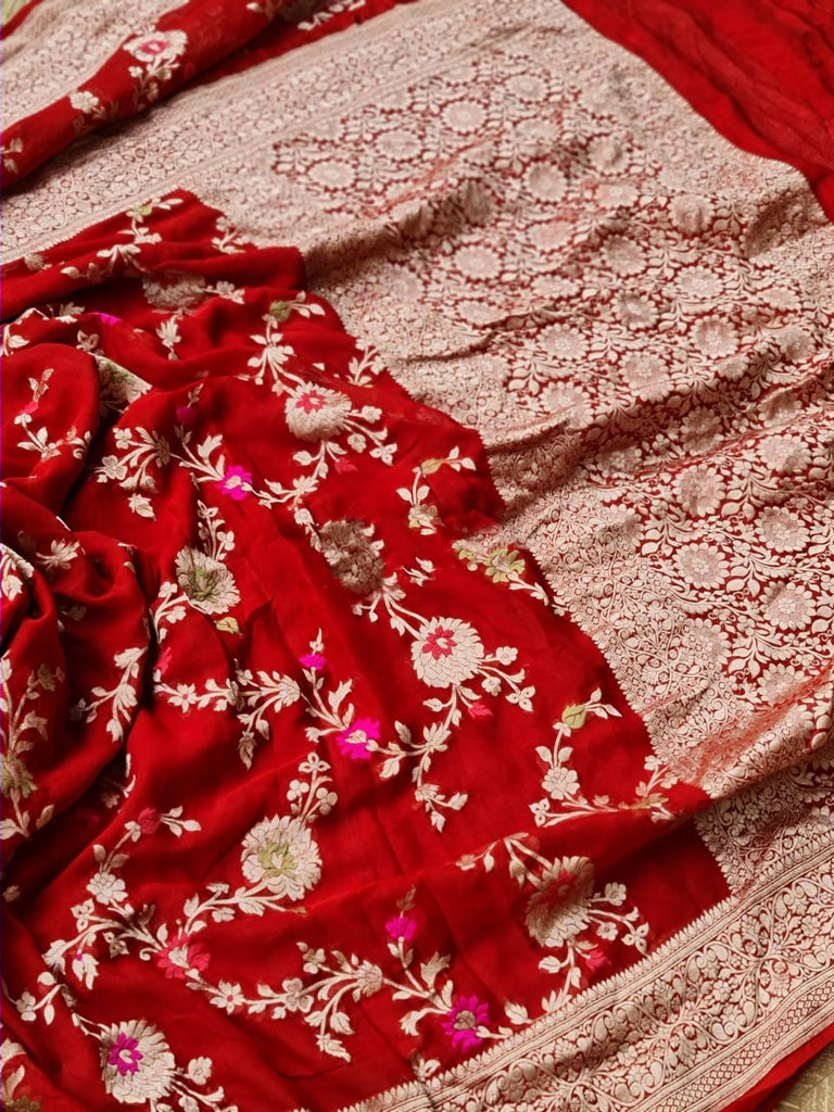 Zynah Pure Khaddi Georgette Banarasi Saree with Golden Zari & Meenakari Weave Motifs; Custom Stitched/Ready-made Blouse, Fall, Petticoat; Shipping available USA, Worldwide