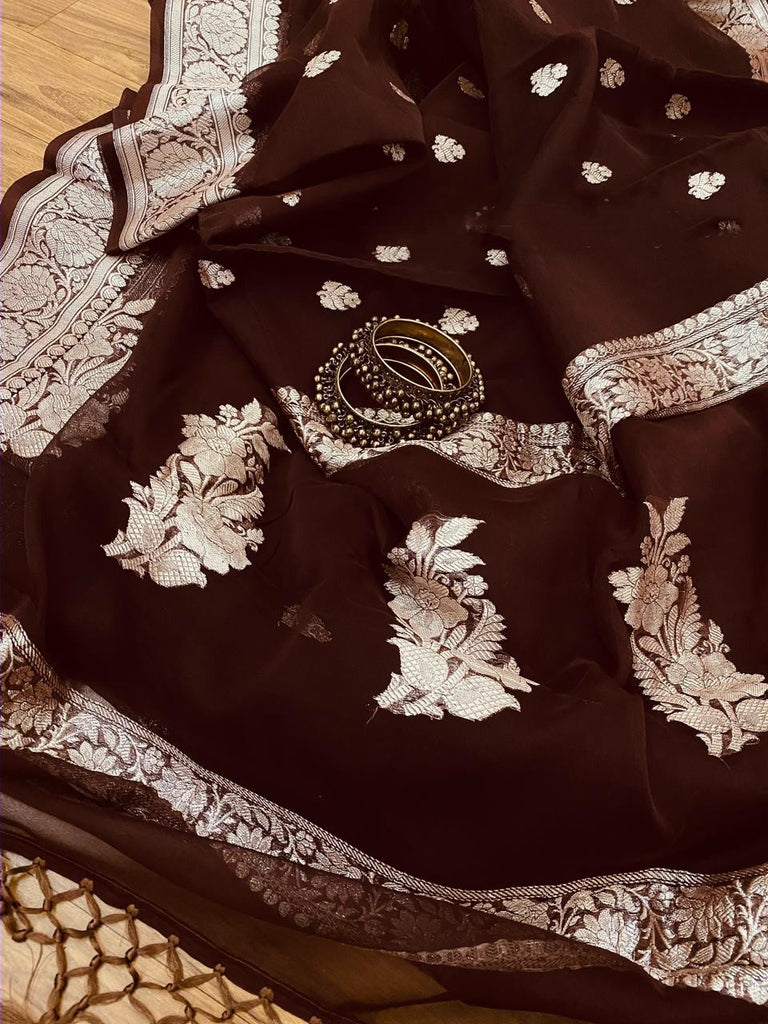 Zynah Pure Banarasi Handloom Khaddi Georgette Saree, Zari Border & Butis; Custom Stitched/Ready-made Blouse, Fall, Petticoat; Shipping available USA, Worldwide