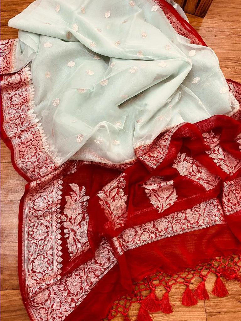 Zynah Pure Banarasi Handloom Khaddi Georgette Saree with Zari Border & Butis; Custom Stitched/Ready-made Blouse, Fall, Petticoat; Shipping available USA, Worldwide