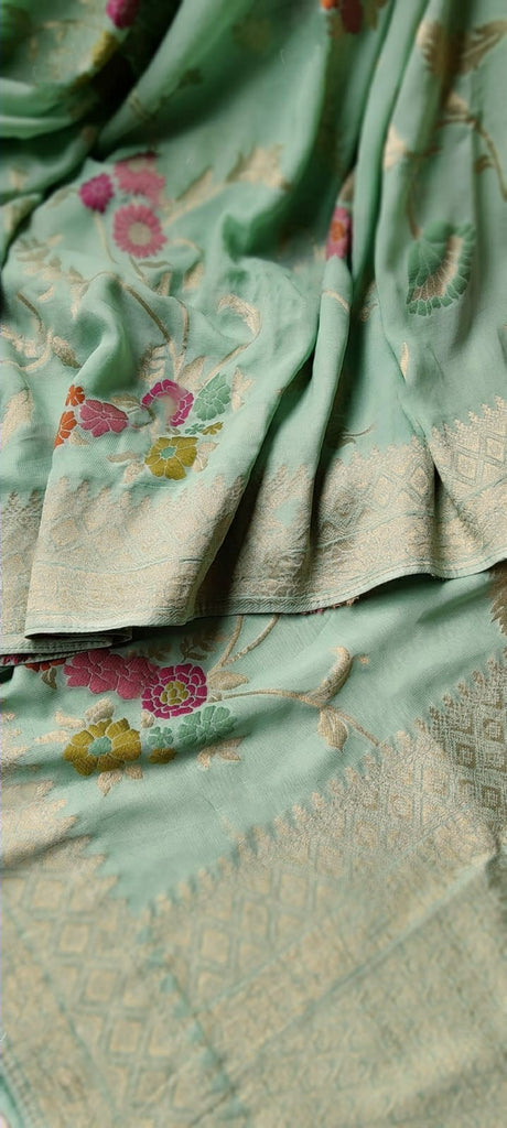 Zynah Pure Khaddi Georgette Saree with Golden Zari & Meenakari Weave; Custom Stitched/Ready-made Blouse, Fall, Petticoat; Shipping available USA, Worldwide