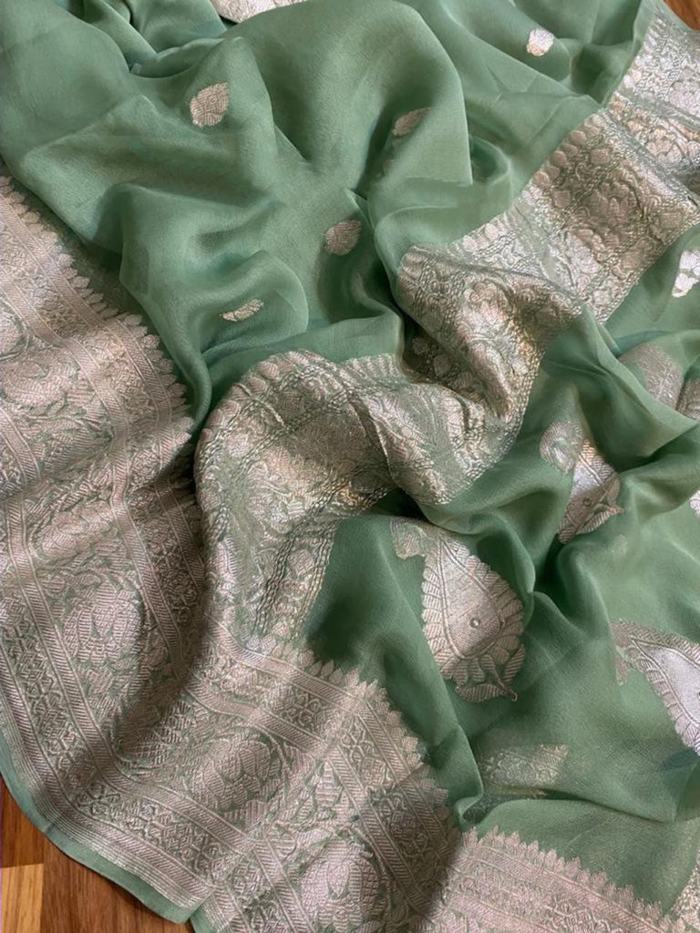 Zynah Pure Banarasi Handloom Khaddi Georgette Saree with Zari Border & Butis; Custom Stitched/Ready-made Blouse, Fall, Petticoat; Shipping available USA, Worldwide