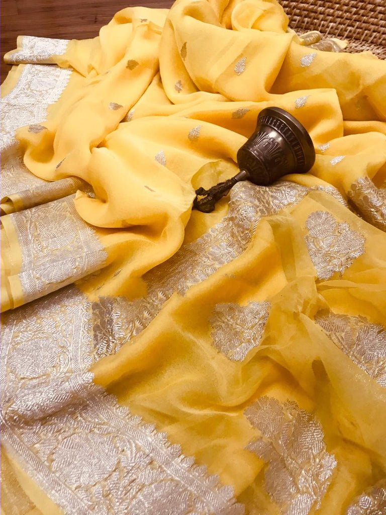 Zynah Pure Banarasi Handloom Khaddi Georgette Saree with Zari Border & Butis; Custom Stitched/Ready-made Blouse, Fall, Petticoat; Shipping available USA, Worldwide