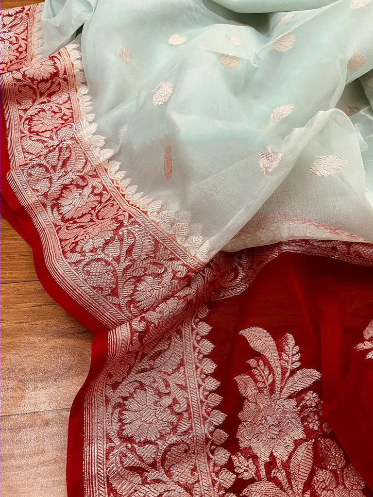 Zynah Pure Banarasi Handloom Khaddi Georgette Saree with Zari Border & Butis; Custom Stitched/Ready-made Blouse, Fall, Petticoat; Shipping available USA, Worldwide