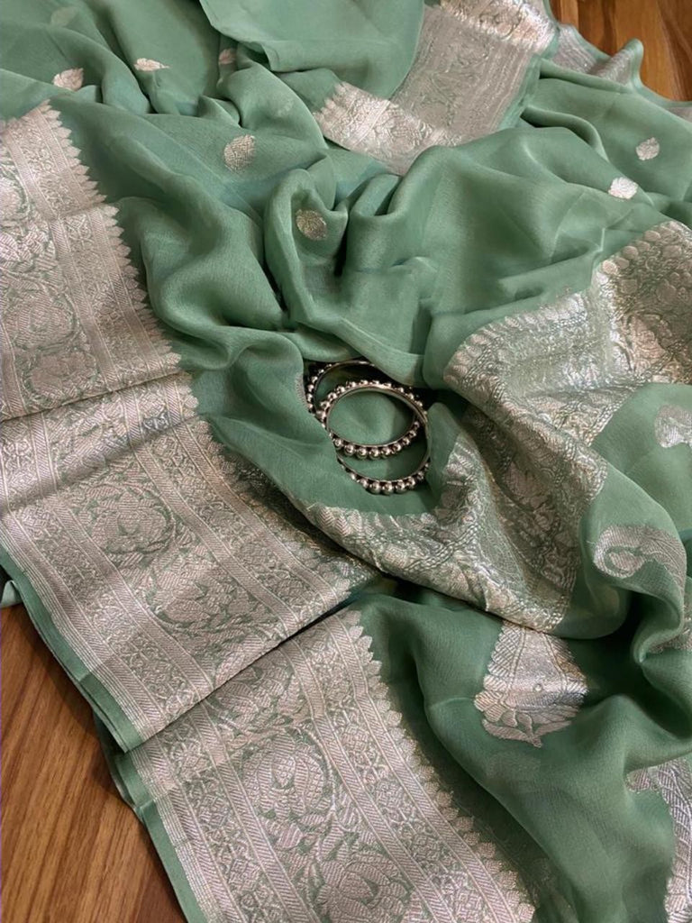 Zynah Pure Banarasi Handloom Khaddi Georgette Saree with Zari Border & Butis; Custom Stitched/Ready-made Blouse, Fall, Petticoat; Shipping available USA, Worldwide