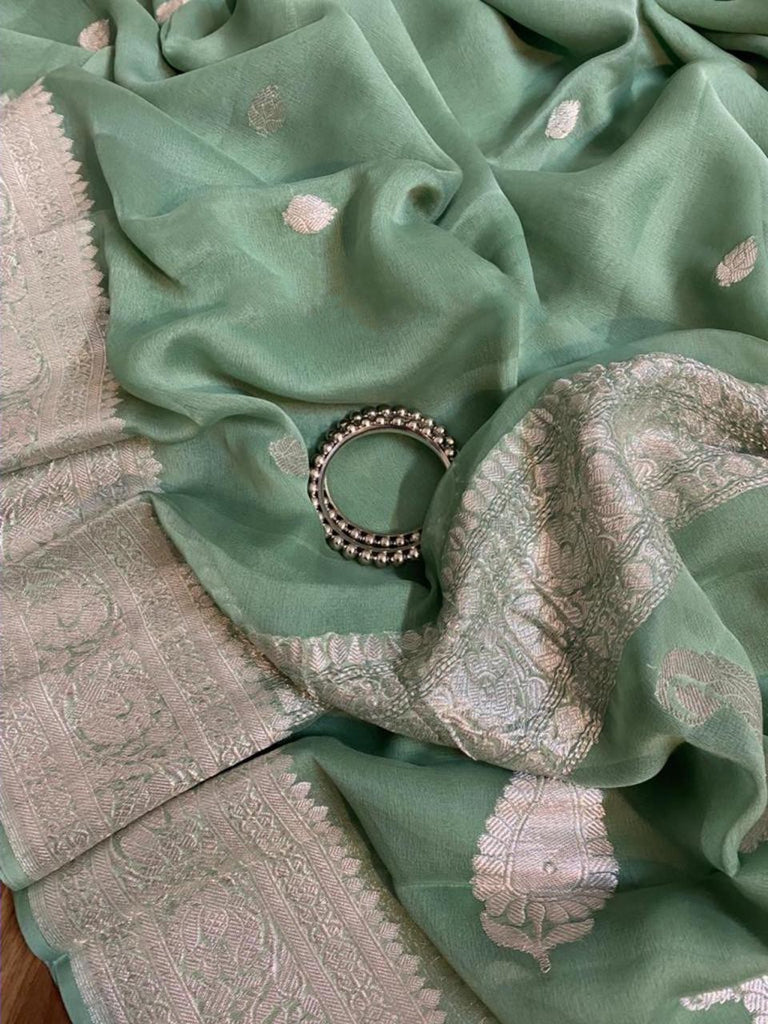Zynah Pure Banarasi Handloom Khaddi Georgette Saree with Zari Border & Butis; Custom Stitched/Ready-made Blouse, Fall, Petticoat; Shipping available USA, Worldwide