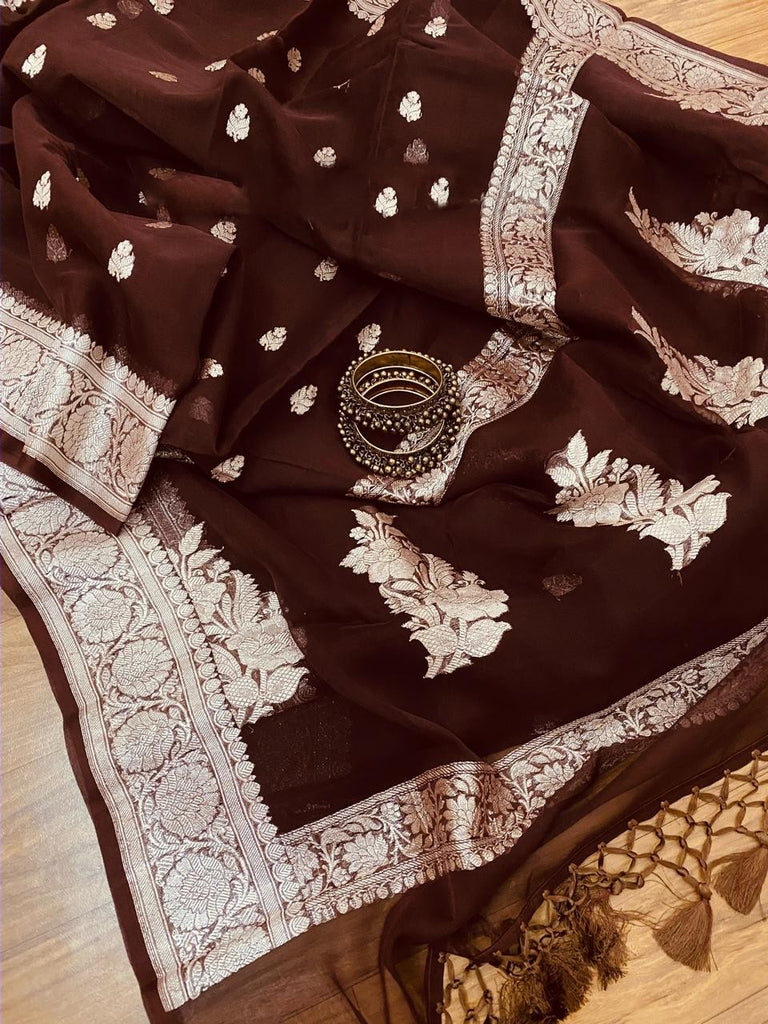 Zynah Pure Banarasi Handloom Khaddi Georgette Saree, Zari Border & Butis; Custom Stitched/Ready-made Blouse, Fall, Petticoat; Shipping available USA, Worldwide