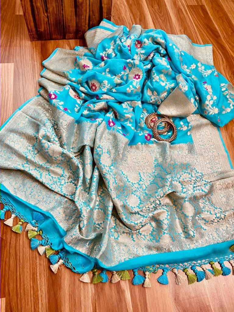 Zynah Pure Khaddi Georgette Banarasi Saree with Golden Zari & Meenakari Weave Motifs; Custom Stitched/Ready-made Blouse, Fall, Petticoat; Shipping available USA, Worldwide