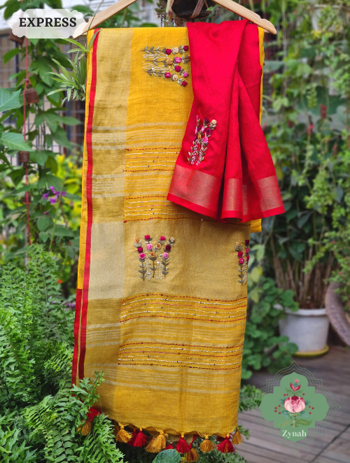 Zynah Yellow Organic & Superior Count Pure Linen By Linen Saree With Zari Border, French-knot Embroidered Butis & Kantha Work Pallu; Custom Stitched/Ready-made Blouse, Fall, Petticoat; SKU: 2401202301