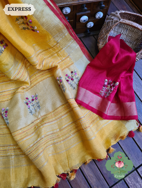 Zynah Yellow Organic & Superior Count Pure Linen By Linen Saree With Zari Border, French-knot Embroidered Butis & Kantha Work Pallu; Custom Stitched/Ready-made Blouse, Fall, Petticoat; SKU: 2401202301