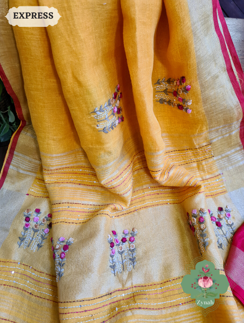 Zynah Yellow Organic & Superior Count Pure Linen By Linen Saree With Zari Border, French-knot Embroidered Butis & Kantha Work Pallu; Custom Stitched/Ready-made Blouse, Fall, Petticoat; SKU: 2401202301