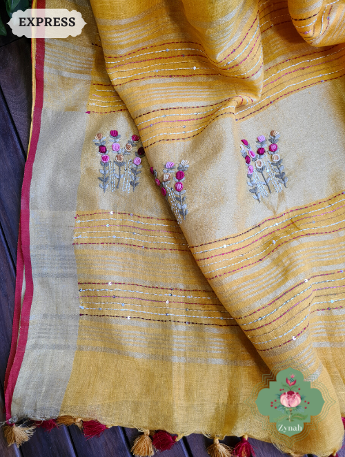 Zynah Yellow Organic & Superior Count Pure Linen By Linen Saree With Zari Border, French-knot Embroidered Butis & Kantha Work Pallu; Custom Stitched/Ready-made Blouse, Fall, Petticoat; SKU: 2401202301