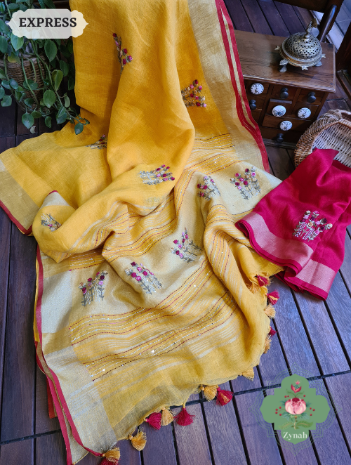 Zynah Yellow Organic & Superior Count Pure Linen By Linen Saree With Zari Border, French-knot Embroidered Butis & Kantha Work Pallu; Custom Stitched/Ready-made Blouse, Fall, Petticoat; SKU: 2401202301