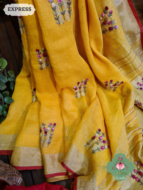 Zynah Yellow Organic & Superior Count Pure Linen By Linen Saree With Zari Border, French-knot Embroidered Butis & Kantha Work Pallu; Custom Stitched/Ready-made Blouse, Fall, Petticoat; SKU: 2401202301