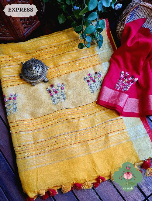 Zynah Yellow Organic & Superior Count Pure Linen By Linen Saree With Zari Border, French-knot Embroidered Butis & Kantha Work Pallu; Custom Stitched/Ready-made Blouse, Fall, Petticoat; SKU: 2401202301