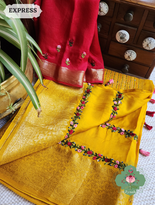 Zynah Yellow Munga Silk Saree With Zari Borders And Frenchknot & Kantha Embroidery; Custom Stitched/Ready-made Blouse, Fall, Petticoat; SKU: 1804202305