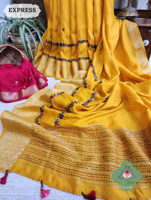 Zynah Yellow Munga Silk Saree With Zari Borders And Frenchknot & Kantha Embroidery; Custom Stitched/Ready-made Blouse, Fall, Petticoat; SKU: 1804202305