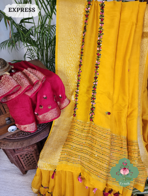 Zynah Yellow Munga Silk Saree With Zari Borders And Frenchknot & Kantha Embroidery; Custom Stitched/Ready-made Blouse, Fall, Petticoat; SKU: 1804202305