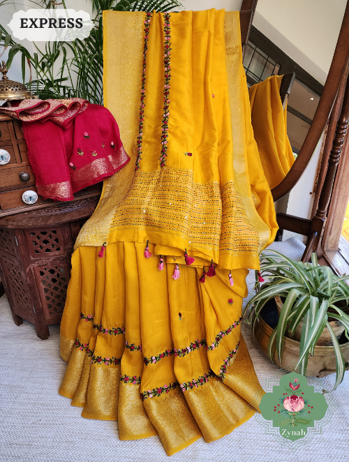 Zynah Yellow Munga Silk Saree With Zari Borders And Frenchknot & Kantha Embroidery; Custom Stitched/Ready-made Blouse, Fall, Petticoat; SKU: 1804202305