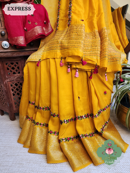 Zynah Yellow Munga Silk Saree With Zari Borders And Frenchknot & Kantha Embroidery; Custom Stitched/Ready-made Blouse, Fall, Petticoat; SKU: 1804202305
