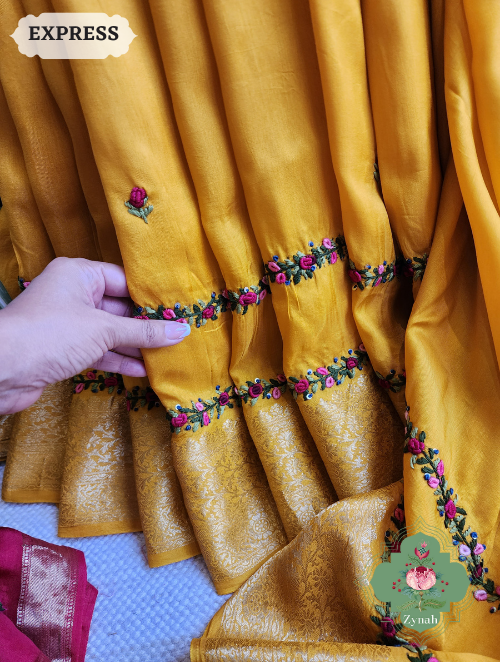 Zynah Yellow Munga Silk Saree With Zari Borders And Frenchknot & Kantha Embroidery; Custom Stitched/Ready-made Blouse, Fall, Petticoat; SKU: 1804202305