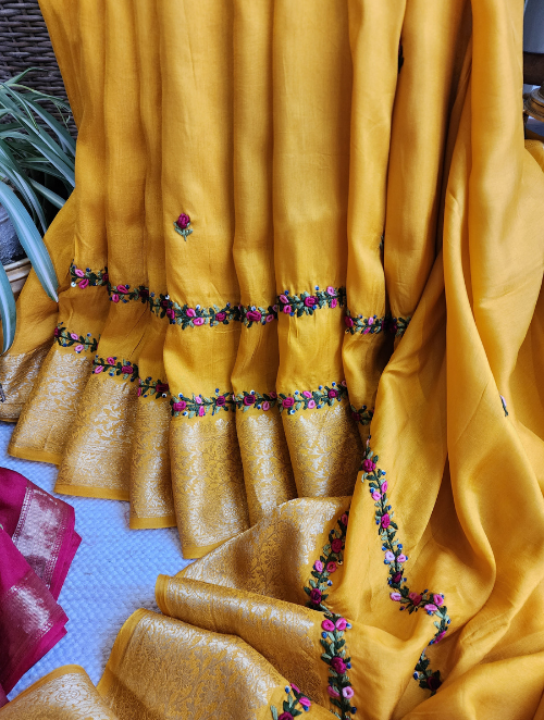 Zynah Yellow Munga Silk Saree With Zari Borders And Frenchknot & Kantha Embroidery; Custom Stitched/Ready-made Blouse, Fall, Petticoat; SKU: 1804202305