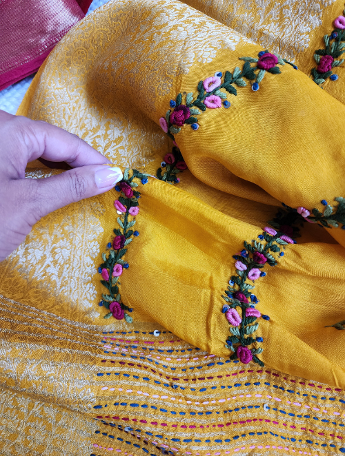 Zynah Yellow Munga Silk Saree With Zari Borders And Frenchknot & Kantha Embroidery; Custom Stitched/Ready-made Blouse, Fall, Petticoat; SKU: 1804202305